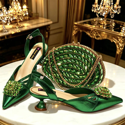 Italian Design Nigeria New Trendy Full Diamond Embellished High Heels Gold Color Women's Bag and Shoes For Party Wedding