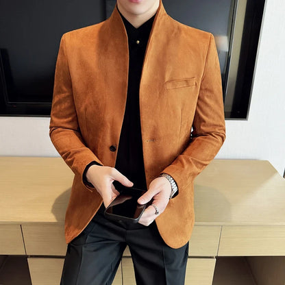 New Blazer Cowhide Velvet Korean Version Business Slim Fit Suit Stand Collar Fashionable Casual Suit Jacket Men Formal Clothing