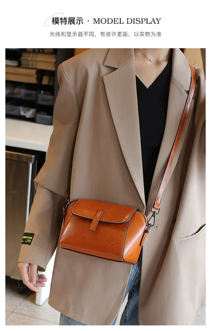 Oil Wax Cowhide Leather Cross Body Small Bag for Women Fashionable and Versatile Shoulder Shell Hand Bag Ladies Casual Phone Bag