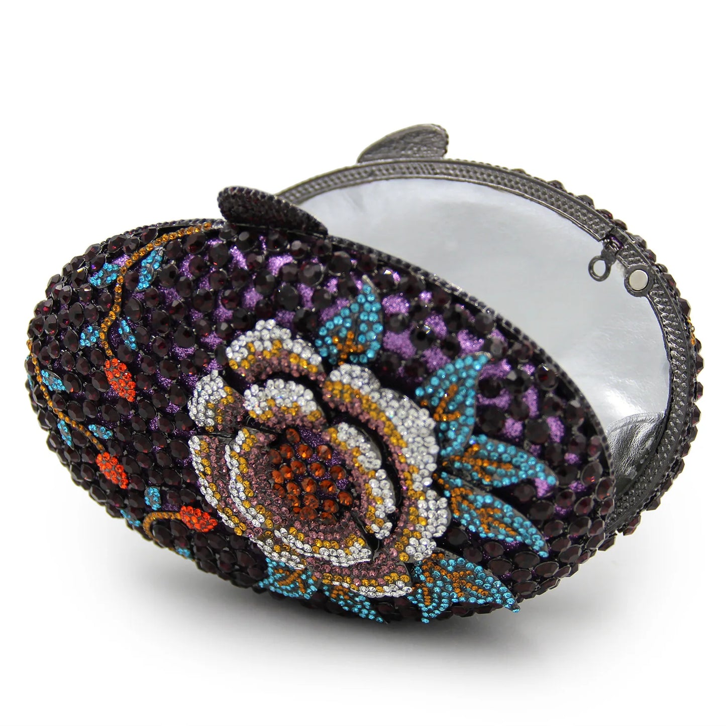 New Design Women Oval Diamond Clutch Purse Studded Floral Pattern Fashionable Hand Evening Bag for Wedding Party