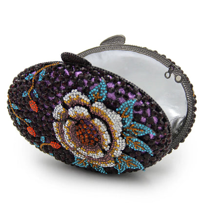New Design Women Oval Diamond Clutch Purse Studded Floral Pattern Fashionable Hand Evening Bag for Wedding Party