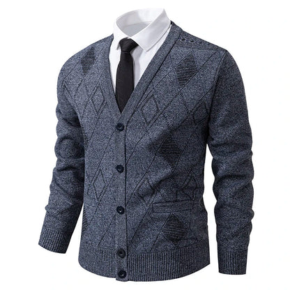 Men Plaid Cardigan V-neck Fleece Sweater Men's  Autumn Clothing Classic Cardigans Jacket Button Mens Knitting Outwear