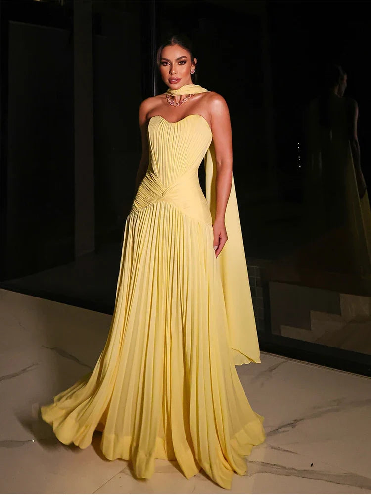 A-Line Pleat Yellow Evening Dresses Sleeveless Strapless Formal Dresses for Women Elegant Prom Gowns Custom Made 2025