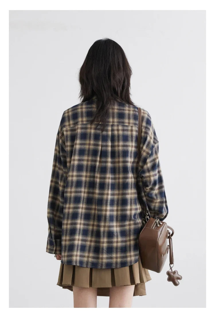 Women Shirts Loose Casual New Sanding Plaid Shirt Long Sleeve Medium Long Length Blouses Female Tops Spring Autumn 2025