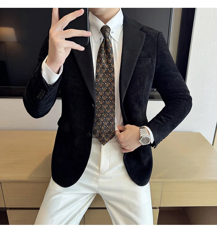 Autumn Winter Fashion Seaweed Pattern Suit Jacket High Quality Luxury Slim Fit Casual Men's Blazers Coats Social Prom Tuxedo