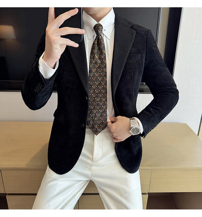 Autumn Winter Fashion Seaweed Pattern Suit Jacket High Quality Luxury Slim Fit Casual Men's Blazers Coats Social Prom Tuxedo