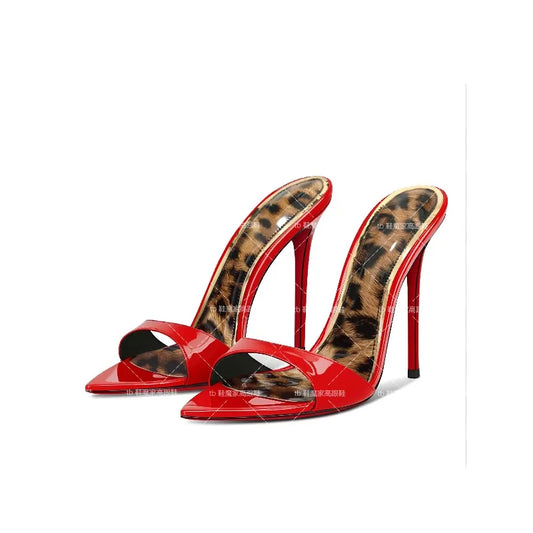 2025 New Leopard Pattern Pointed High Heels for Women, Ultra fine Heels, Slippers with Bare Toes, Half Dragged, Simple Sandals
