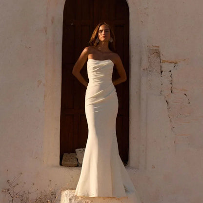 Strapless Mermaid Wedding Dress 2026 Simple Pleat Long Train Sleeveless Satin Reception Dress Button Back Customized