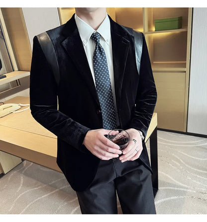 Leather Splicing Mercerized Velvet Suit Jacket 2025 Autumn New Men's High-end Business Slim Fit Fashion Party Tailcoat 4XL-M