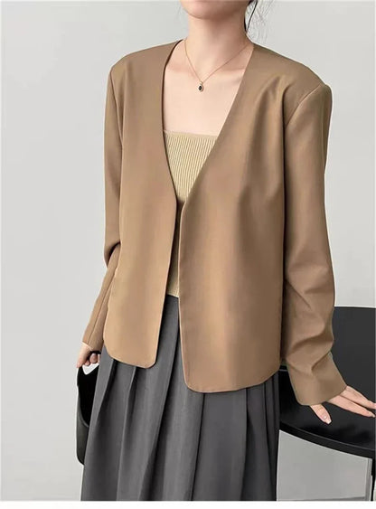 2025 Spring Autumn Fashion New Women's Suit Jackets Solid Short Coats Korean Blazers Long Sleeve Cardigan Coat Without Placket