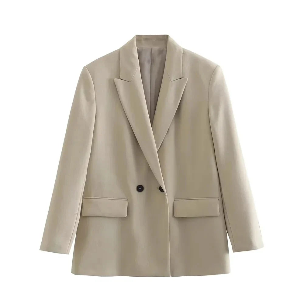 Women Fashion Double Breasted Loose Fitting Blazer Coat Vintage Long Sleeve Pockets Female Outerwear Chic Veste Femme