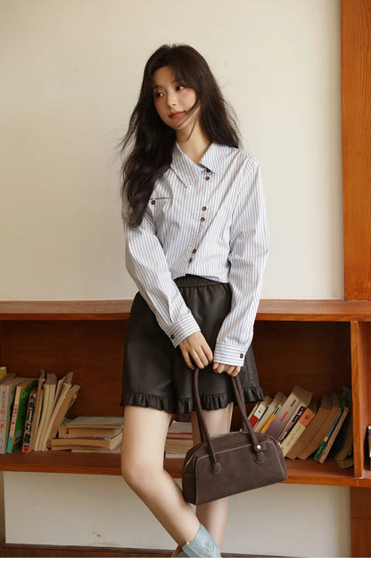 Women's Striped Asymmetric Shirt 2025 Autumn New Arrival Vintage Loose Long Sleeve Tops Commuter Woman Clothes MXE42C2375