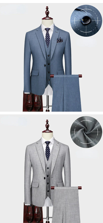 Jacket+Vest+Pants / 2023 High Quality Men Slim Suit Formal Business Groom Wedding Social Dress Blue Grey High-end Casual Tuxedo