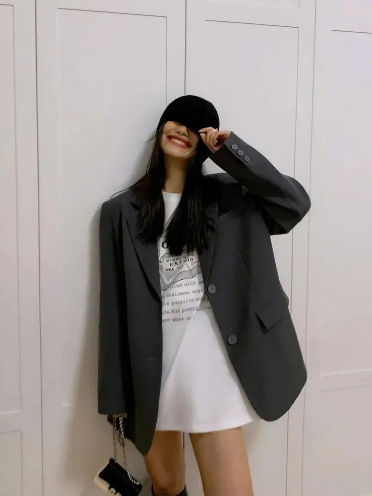 Women's Black Suit Jacket Long Sleeve Blazer Korean Fashion Back Split Office Blazer Ladies Loose Coat