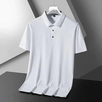 Summer Ice Silk Polo Shirt High-End T-Shirt Solid Color New Half Sleeve Non-Marking Casual Lapels Business Thin Menswear 2025