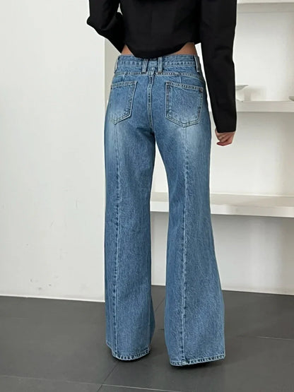 Retro High Waist Slim Fit Blue Jeans Women's Autumn Winter Straight Leg Long Pants Wide Leg Pants Classic Waed Denim