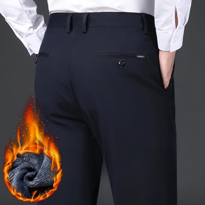 97% Cotton Straight Velvet Casual Pants Men Stretch Loose Classic Business Warm Trousers High Quality Winter Thick Fleece Pants