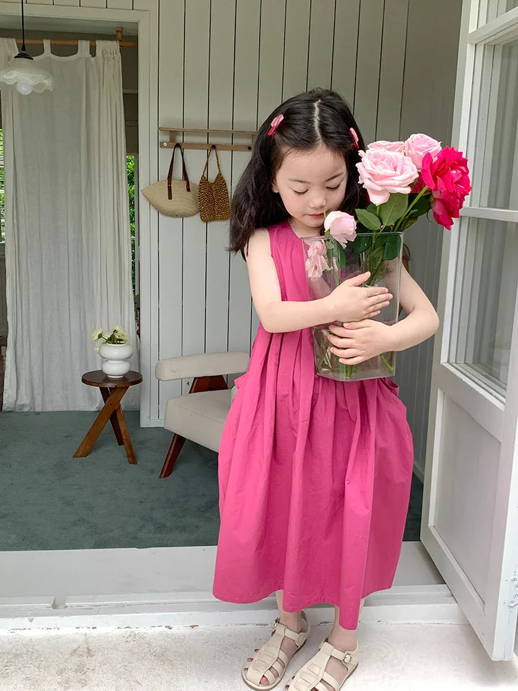 2026 New Summer Children Girls Sleeveless Dress Teen Solid Color Cotton Loose Casual Sundress Kids Vacation Style Princess Dress