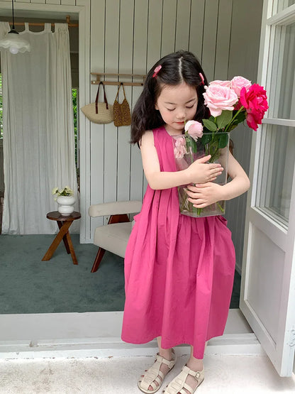 2026 New Summer Children Girls Sleeveless Dress Teen Solid Color Cotton Loose Casual Sundress Kids Vacation Style Princess Dress