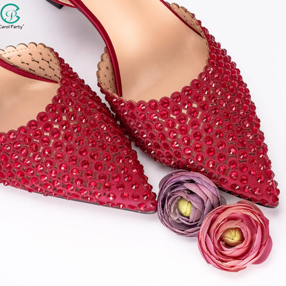 New Wine Red High Heels Shoes And Bag Dotted Crystal Wedding Party Spring, Summer, and Autumn Fashion Women's Noble Sandals