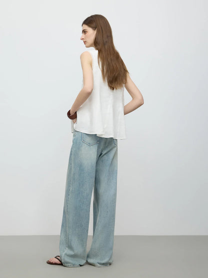 Sleeveless Round Neck Women's Shirt Subtle A Line Style 2025 Summer New Collection Shirts 25FE12079
