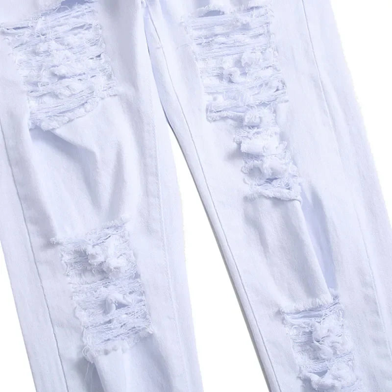 2025 Hole Denim Pants Men's Tide Brand Ruined Hole Jeans Solid Slim All-match High Street Hip Hop Trousers Red White Large Size