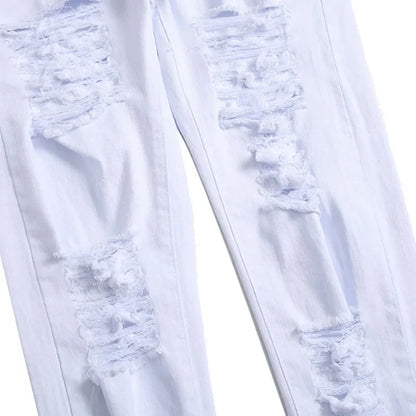 2025 Hole Denim Pants Men's Tide Brand Ruined Hole Jeans Solid Slim All-match High Street Hip Hop Trousers Red White Large Size