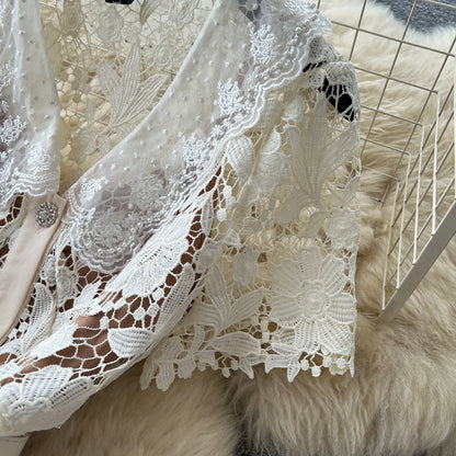 Classy Vintage Flower Lace Dress Office Lady Hollow Out Sashes Short Sleeve Bodycon French Senior Straight Long Dress