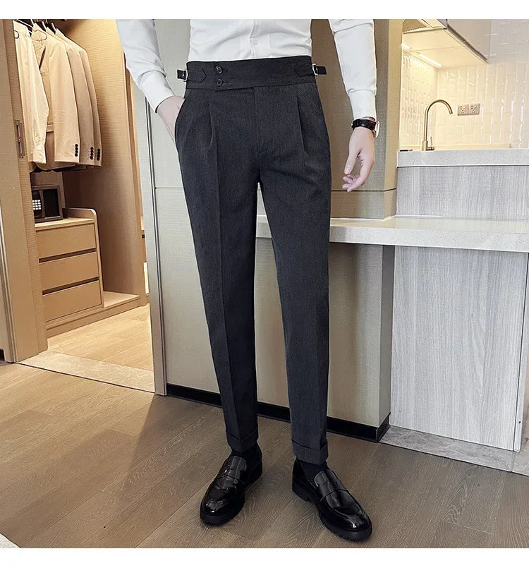 Autumn Winter High Waist Business Dress Pants Men Casual Belt Design Slim Suit Pants Formal Wedding Social Party Male Trousers