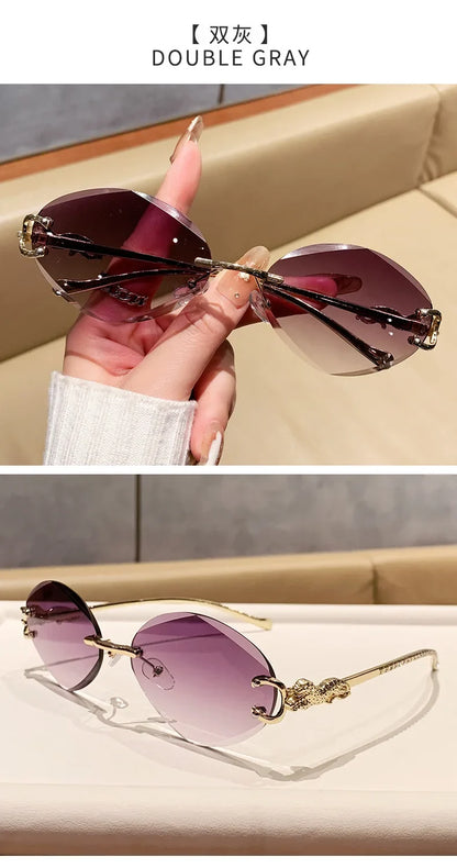 2026 New Fashion Leopard Head Frameless Oval Sunglasses Women Men Internet Celebrity Female Sunscreen Sun Glasses High-end UV400