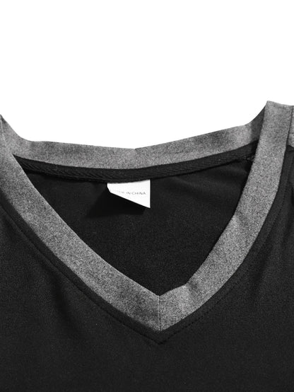 New Spring Autumn Style Everyday Wear Outdoor Sports Fashion Trendy Versatile Color Block V-neck Long Sleeve Men's Top
