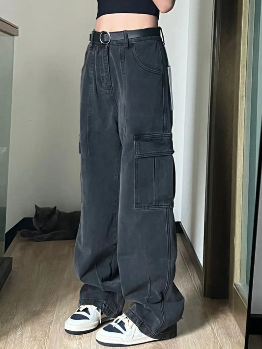 American Vintage Cargo Pants Women Retro Vibe Style Loose Fit Multi Pocket Denim Trousers Casual Straight Leg Workwear Fashion