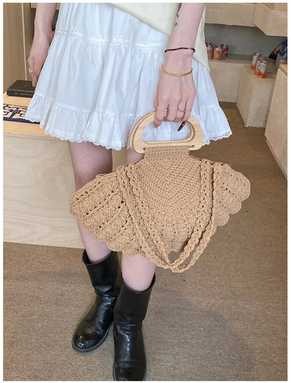 2026 New Retro Fan-shaped Crochet Woven Underarm Bag for Women Ins Style Seaside Vacation Versatile Wooden Handle Shoulder Bag