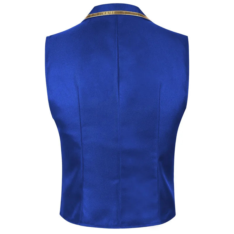 British Style Men Red Sleeveless Vest Jacket, Thin Single Button V-neck Waistcoat, Gold Striped Patchwork.