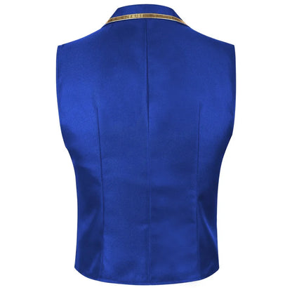 British Style Men Red Sleeveless Vest Jacket, Thin Single Button V-neck Waistcoat, Gold Striped Patchwork.