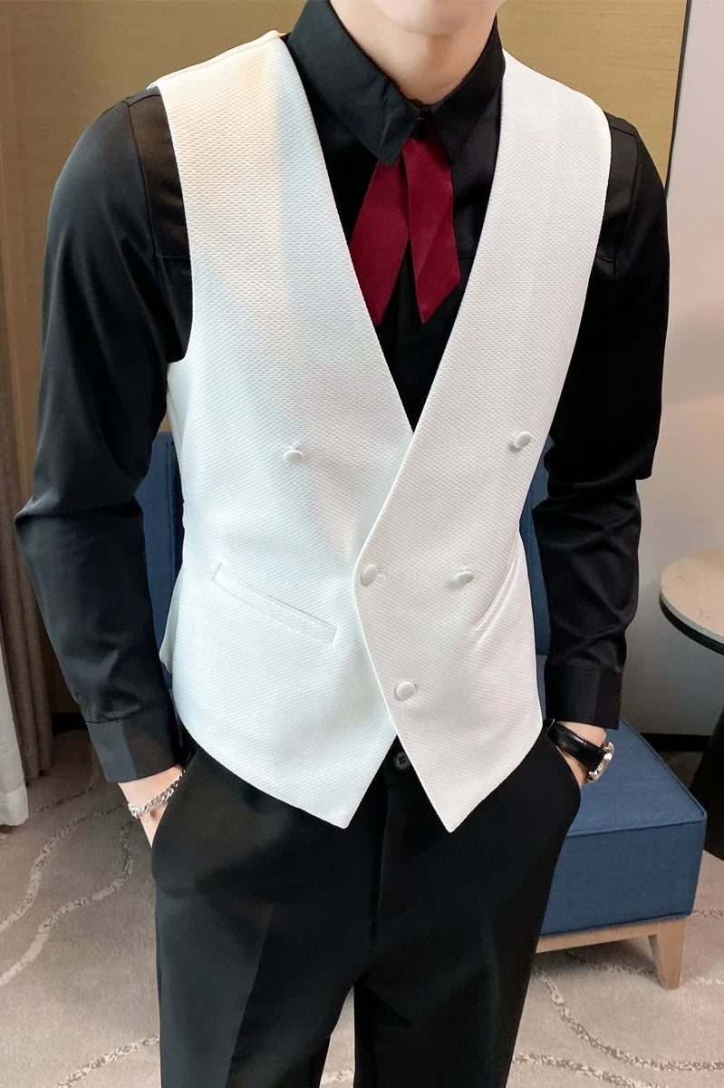 2025 New Fashion Men's Double Breasted Gentleman Dress Casual Vest Fashion Nightclub Bartender Work Clothes V Neck Vest Jacket