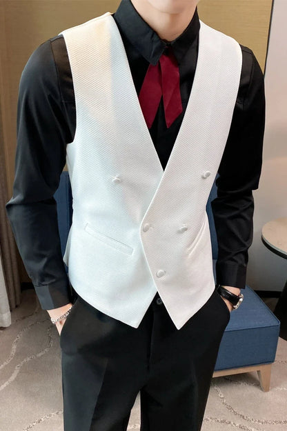 2025 New Fashion Men's Double Breasted Gentleman Dress Casual Vest Fashion Nightclub Bartender Work Clothes V Neck Vest Jacket