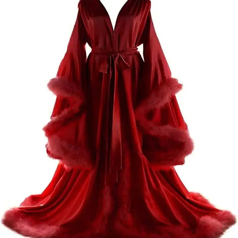 Feather Satin Women Prom Dress Sexy V Neck Full Sleeves Satin Wedding Sleepwear Evening Gown Customized Formal Bridal Robe