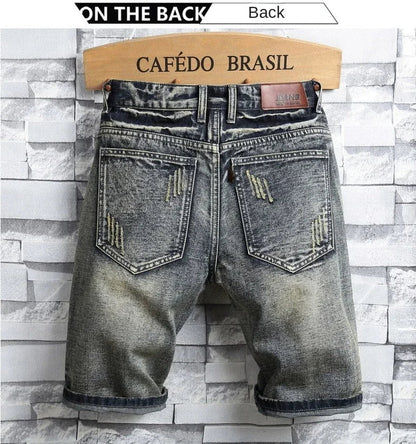 Ripped Short Jeans Men Vintage Denim Shorts Straight Hole Patch Plaid Hip Hop Fashion Knee Length Pants Streetwear