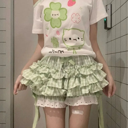 Ezgaga Harajuku T Shirts Women Cartoon Sweet Diagonal Collar Short Sleeve Off Shoulder Funny Tops Female Y2k Ladies Tshirts