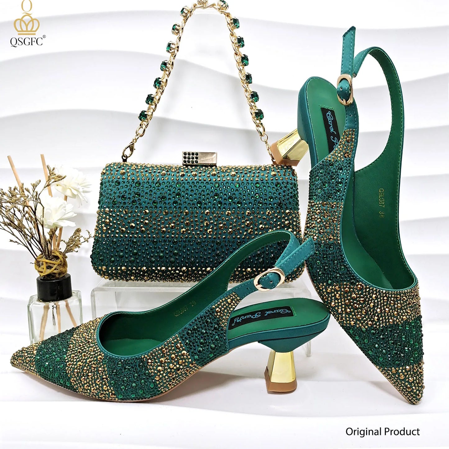 Gold Color Elegant Women Heels Shoes and Bag Set Hollow Rhinestones  High Heels Wedges Shoes Matching Bag