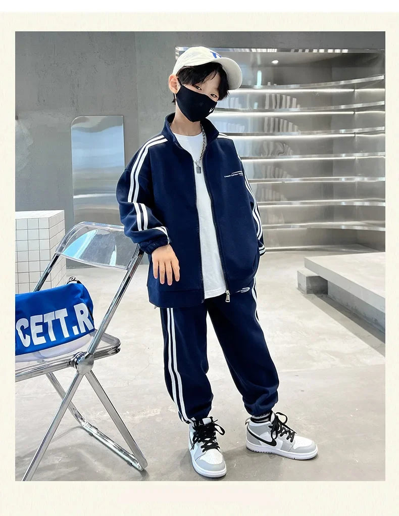 Spring Autumn Boys Navy Striped Zip Sweatshirt Coats+Sweatpant Sets School Kids Tracksuit Children Outfit Jogging Suit 3-14Yrs