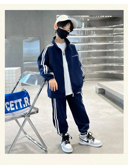 Spring Autumn Boys Navy Striped Zip Sweatshirt Coats+Sweatpant Sets School Kids Tracksuit Children Outfit Jogging Suit 3-14Yrs