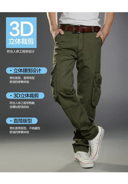 Winter Cargo Pant Men Straight Leg Fit Brushed Trouser Male Cotton Fleece Lined Warm Pocket Work Black Elegant Military Tactical