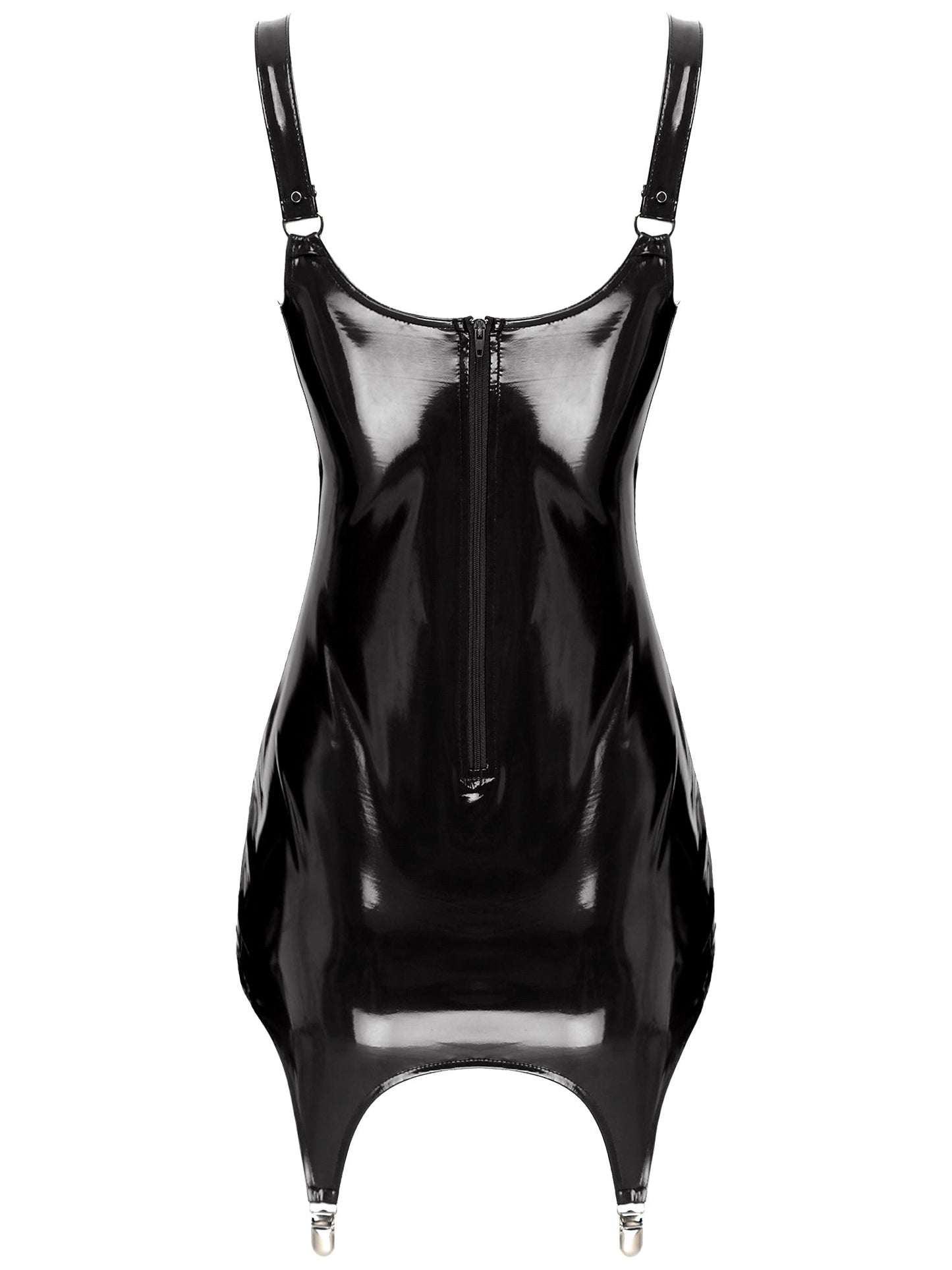 Womens Shiny Metallic PVC Leather V-Neck Mini Dress Chemise Wet Look Night Club Bodycon Babydoll Clubwear with Garter Belt