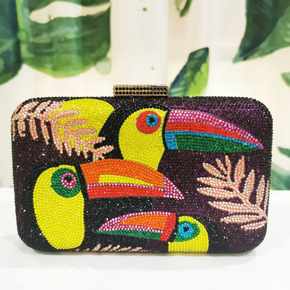 Novelty Toucan Bird Women Crystal Evening Bags Rhinestones Box Minaudiere Clutch Party Cocktail Handbag Diamond Chain Purse
