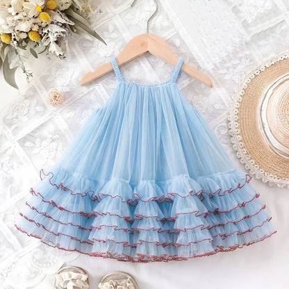 Princess Dress for Kids 1-8 Years Summer Sky Blue Cake Dress for Girls Formal Dresses Birthday Hosting Party Beach Vacation New