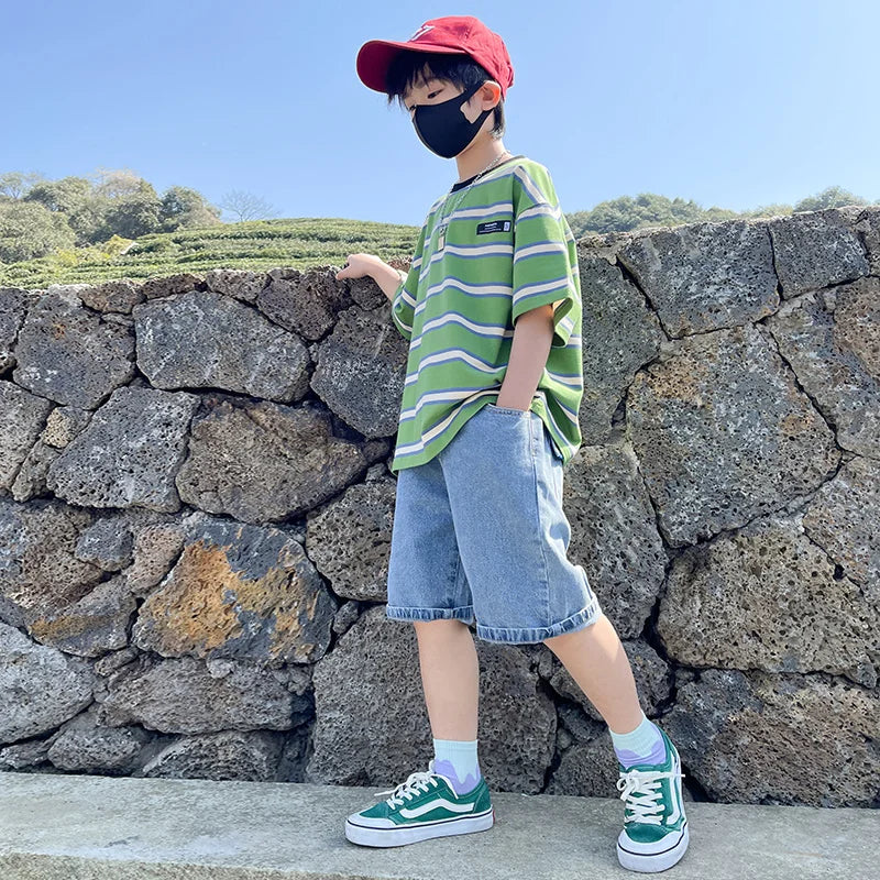 Tween Boy Summer Clothing Set Child Casual Cotton Stripe T-shirt & Denim Shorts 2 Piece Suit Teenage Kids Luxury Clothes Costume