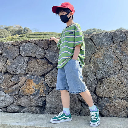 Tween Boy Summer Clothing Set Child Casual Cotton Stripe T-shirt & Denim Shorts 2 Piece Suit Teenage Kids Luxury Clothes Costume