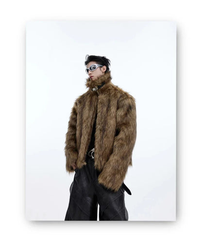 Winter Short Thick Warm Brown Hairy Soft Faux Fur Coat Men with Turn-down Collar Long Sleeve Fluffy Jackets 2024